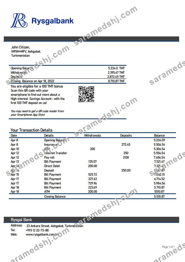 Turkmenistan Rysgal bank statement